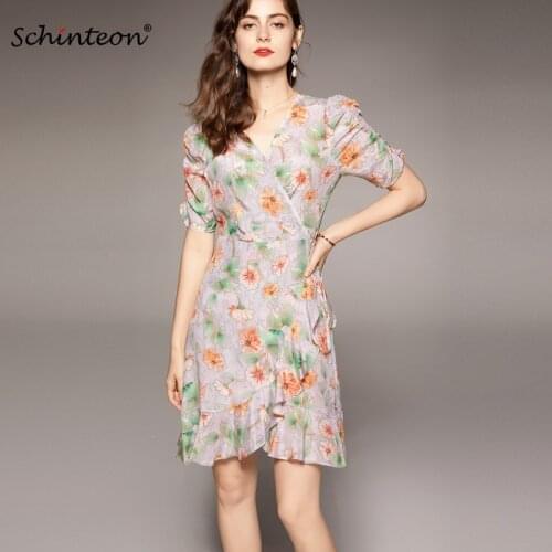 Schinteon 100% Natural Silk Flower Print Dress V-Neck Collar Short Sleeved Elegant Ruffles Dresses Women 2021 Summer Office Lady