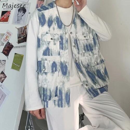 Vests Men Tie Dye Multi-pockets High Street Outwear Harajuku Hip-hop Mens Retro Casual Cargo Jackets Loose Chic Vintage Fashion