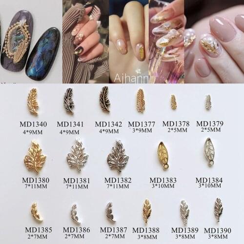 100pcs/lot Gold Leaves Feather Alloy Metal Rivets Nail Art Decorations Supplies DIY Nails Accesorios Jewelry Designs Charms