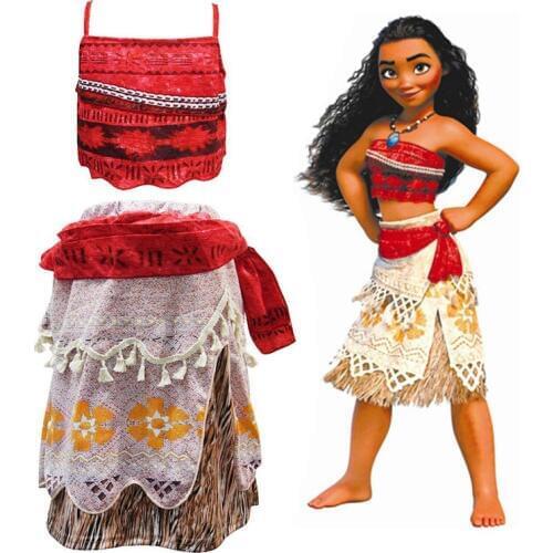 2019 Summer Moana Dress for girls Princess Dresses Kids Party Cosplay Costumes Wig Children Clothing Vaiana necklace clothing