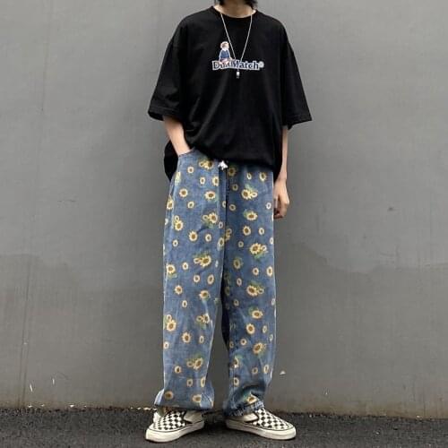 2021 Daisy Print Jeans Womens Fall Ins Harajuku BF Loose Straight Wide Leg Pants All-match Pants Jeans for Women