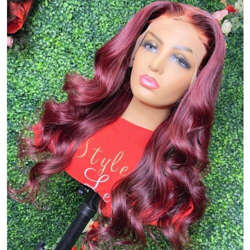 26Inch Long Burgundy Body Wave Synthetic Lace Front Wig For Women With Preplucked Heat Resistant Fiber Hair Wigs 180% Density