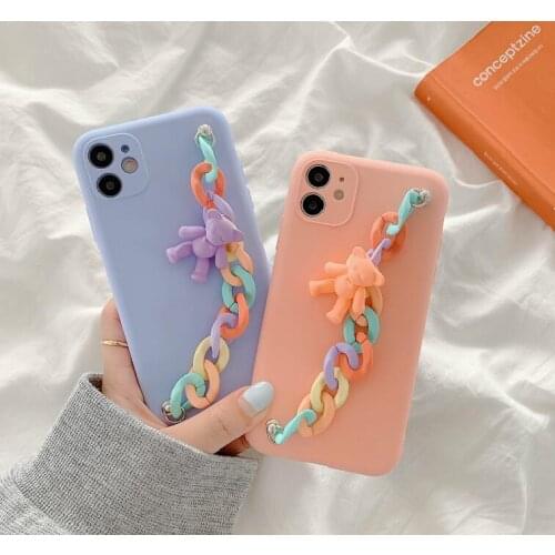 3D Rainbow Cartoon Bear Phone Case for Samsung Galaxy S10 S9 S8 Plus S20 Note 8 9 10 Plus A51 A71 Wrist Strap Silicon Back Cover