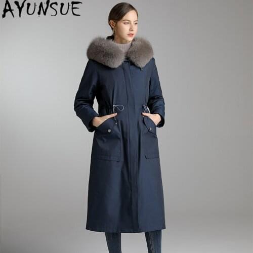 AYUNSUE Winter Clothes Women Parka real Fur Coat 2020 Natural Fox Fur Collar Hooded Rex Rabbit Fur Coat Warm Long Woman Parkas