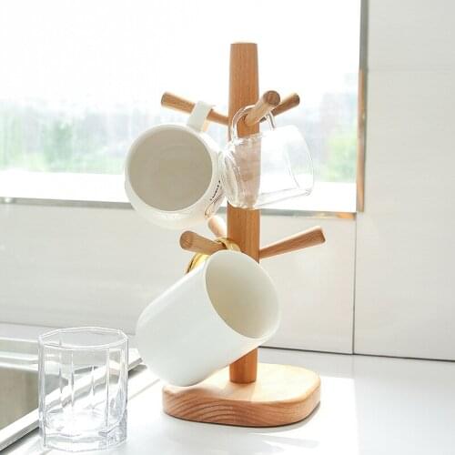 Tree Shape Wood Coffee Tea Cup Rack Storage Holder Stand Home Kitchen Mug Hanging Display Drinkware Shelf With 6 Hooks