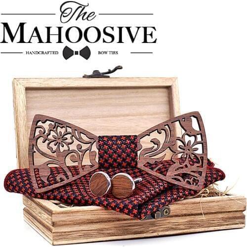 Mens 4PCS Wooden bow Tie Set Men Handkerchief wood Bowtie Cufflinks Necktie Silk Ties For Business Wedding Party Hombre