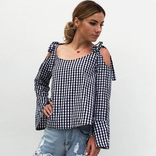 Plaid Pullover Women Blouses Fashion Bow Lace-up Off Shoulder Full Sleeve O-Neck Autumn Shirt Top Streetwear Loose Casual Blusas