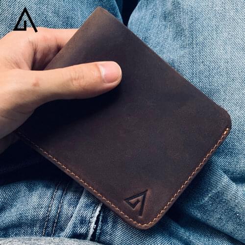 Full Genuine Leather Wallet For Men Vintage Crazy Horse Coffee Short Card Purse Solid Minimalist Cowhide Male Money Clips