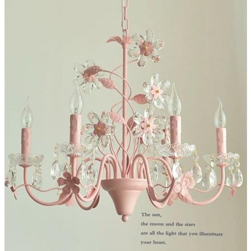 European style creative 6 heads pink crystal flower chandelier lamps girl bedroom childrens room lights E14 AC110-240V
