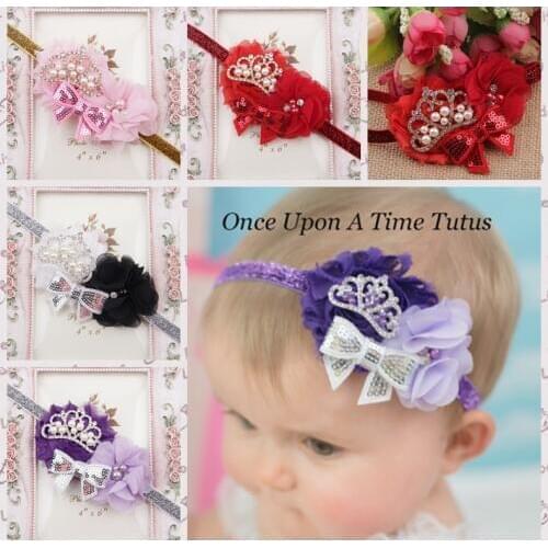 Yundfly Fashion Toddler Girls Glitter Crown Headband Baby Shabby Flower Bow Hairband