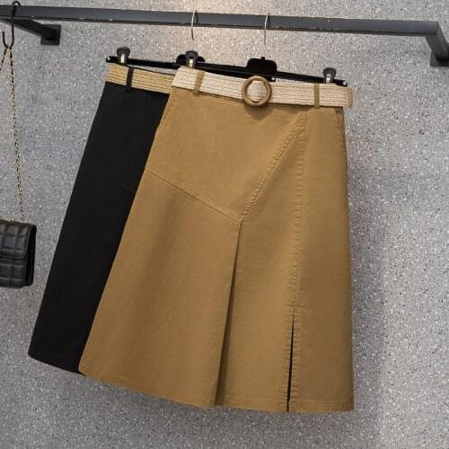 New Korean Fashion Split Ladies Solid Plus Size Summer Skirt Simple Casual High Waist A-line Skirt Khaki Black Summer New e030