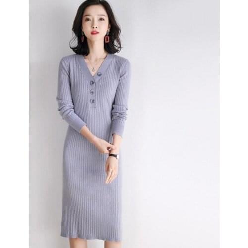 New autumn women dress elegant fashion designer clothes full sleeve knitting v-neck elastic Jersey dress tomid-calf