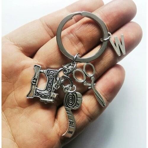 Retro Tailor Shop Scissors Sewing Machine Tape Measure Iron Clothing Designer Keychain Letter Keychain