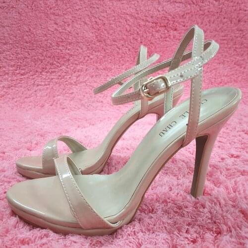 Sexy Beige Patent Sandal High Heel Bridals Party Women Sandal Summer New Open Toe Ankle Strap Stiletto Platform 12cm Heel Shoe