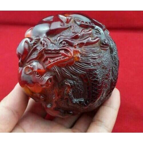 Rare Collection Chinese Handwork Amber Carving Dragon Tiger 12 Zodiac Animals Statue Fitness Ball