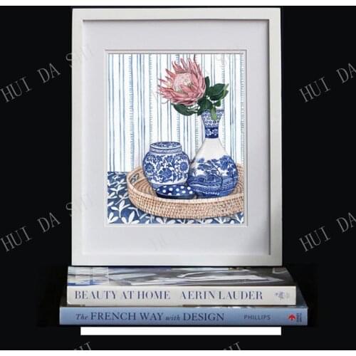 REPRODUCTION PRINT of Blue and White vignette with protea flower on rattan tray