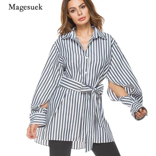 Fashion New Loose Striped Shirt Woman Long Sleeve Women Tops Blouse Belt Single-breasted Casual Office Lady Women Clothing 10300