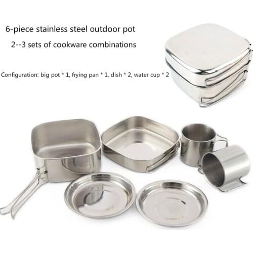 Outdoor 6-piece pot camping stainless steel cookware mountaineering picnic set bowl portable 3-4 people barbecue combination pot