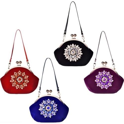 Womens Shoulder Bag Red Bride Wedding Party Evening Bags Rhinestone Flower Clutch Purse PU Strap Handle Ladies Fashion Handbag