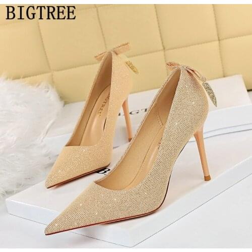 Glitter High Heels Sexy Ladies Stiletto High Heels Big Size Wedding Shoes Bride Fashion 2021 Bigtree Shoes Brand Butterfly Shoes