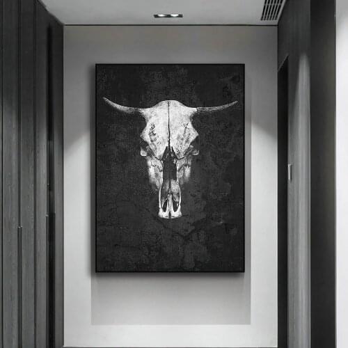 Vintage mural black and gray animal bull head skull poster and print mural pictures for living room home decoration