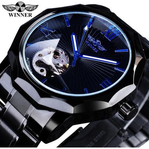 Winner Black Stainless Steel Fashion Mens Blue Hands Top Brand Luxury Mechanical Watch