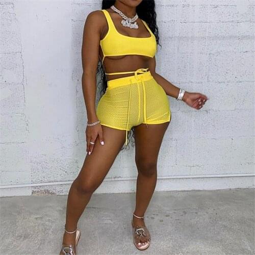 Wsevypo 2 Pieces Shorts Sets Women Solid Color Tracksuit Backless Crop Tank Tops+High Waist Lace-up Shorts Casual Streetwear Set