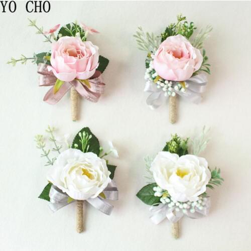 YO CHO Artificial Flower Men Corsage Groom Boutonniere Buttonhole Bridal Wrist Corsages Silk Rose Wedding Planner Accessories