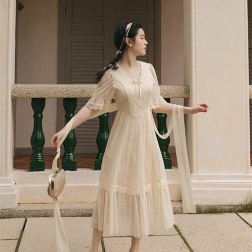 Jacquard Fashion Mesh Summer French Retro Dresses Bow Single-breasted V-neck Elegant Robe Femme Party Fairy Dress