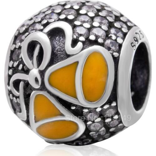 Yellow Enamel Jingle Bell Clear CZ Zircon Pave Round Authentic 925 Sterling Silver European Charm Beads Christmas Gift SZPB259
