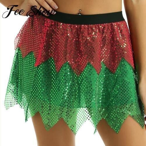 Adults Women Shiny Sequins Elastic A-Line Short Skirt Female Christmas Cosplay Costume Gymnastics Ballet Dance Fancy Rave Dress