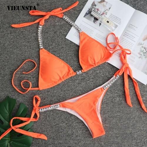 VIEUNST Women Low Waist Swimwear 2021 Solid Color Sexy Strap Womens Swimsuit Luxury Rhinestone Swimsuit Brazilian Thong Bikini