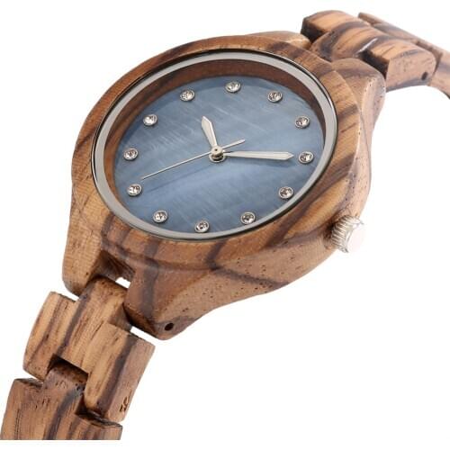Female Wooden Bangle Wristwatch Luxury Rhinestones Display Pink/Blue Round Dial Zebrawood Ladies Quartz Wood Timepiece Gifts