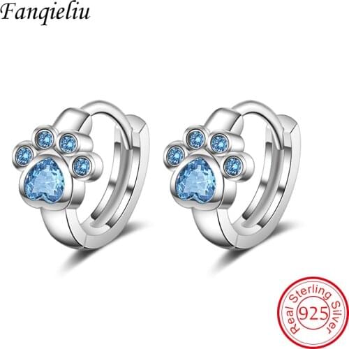 Fanqieliu Crystal Blue 925 Sterling Silver Jewelry Girl Gift Cute Dog Paw Hoop Earrings For Women FQL20011