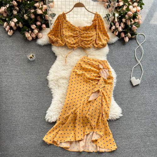 Women Summer Korean Dot Vacation Set Elastic Ruched Puff Sleeve Short Tops+Irregular Ruffle Long Skirt Two Piece Suits