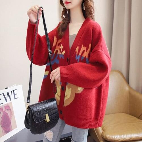 Cartoon bear v-neck sweater jacket female autumn and winter 2021 fashion new loose Korean mid-length knitted cardigan top