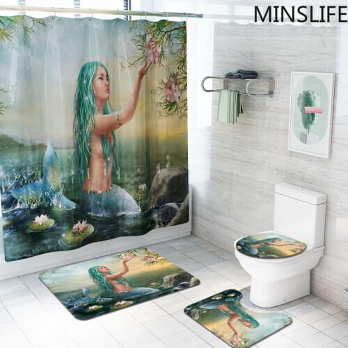 3D Aquarium Shower Curtains Green-haired Mermaid Pattern Bath Curtains Set Non-slip Bath Mats Pedestal Rug Toilet Seat Cover