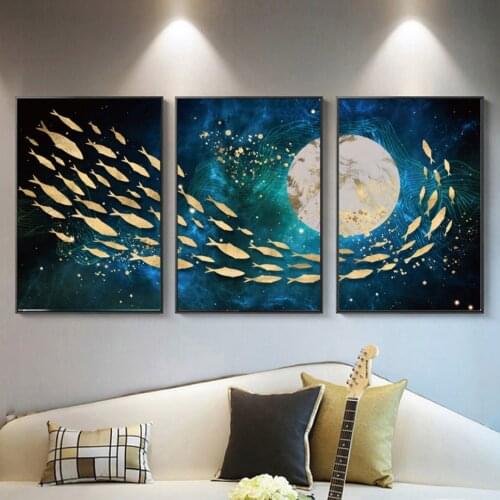 School of fish Swim to the moon Abstract Wall Art Canvas Painting Nordic Posters And Print gallery Wall Pictures For Living Room