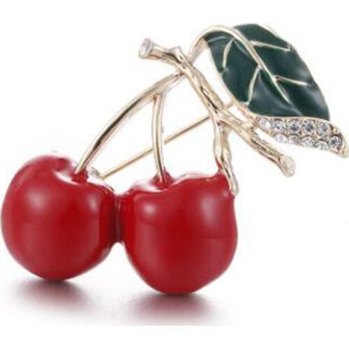 Enamel Alloy Red Cherry Crystal Brooch Pins Fashion Women Party Wedding Costume Accessories Gift XZ395