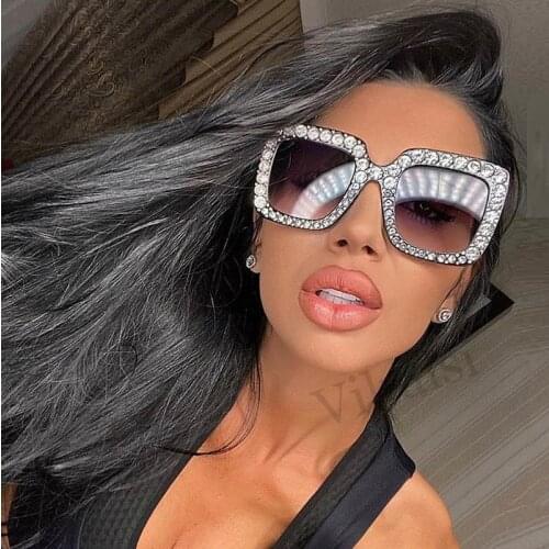 Classic Black Crystal Diamond Shadow Sunglasses for Women Oversized Square Sun Glasses Rhinestone Purple Blue Shades Women UV400