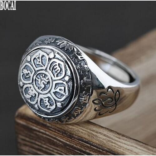 Real Solid S925 pure Silver Mens and Womens Ring Six Words Mantra Scripture Thai Silver Good Luck Men and Women Silver Rings