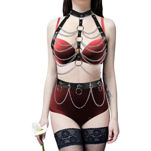 Metal Chain Leather Harness For Women Fashion Garters Sexy Punk Waist Body Thigh Bands Goth Accessories Suspender Stocking Belt