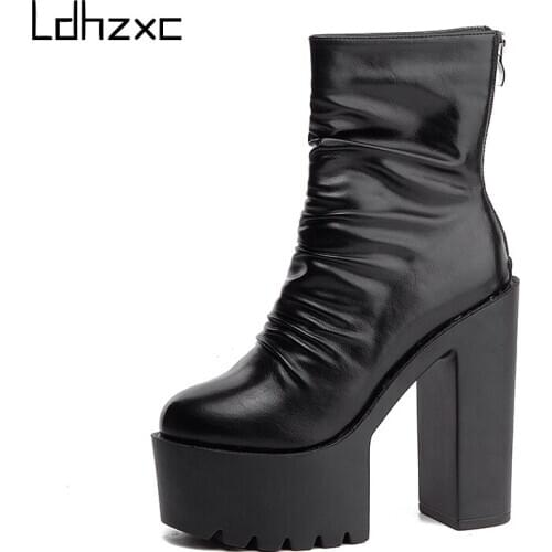 LDHZXC2020 New Autumn Winter Platform ankle Boots women High Heels Black White Short Boots For Women Waterproof Gothic Shoes