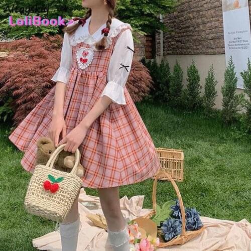 Lolibook Women Korean Style Daily Preppy Lace Patchwork Half Sleeve Tops Kawaii Tender Cute Students Trendy Plaid Pink Dress