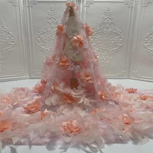 Madison 3d pink lace fabric with feather lace tassel 2021 luxury womens dress lace material of good quality