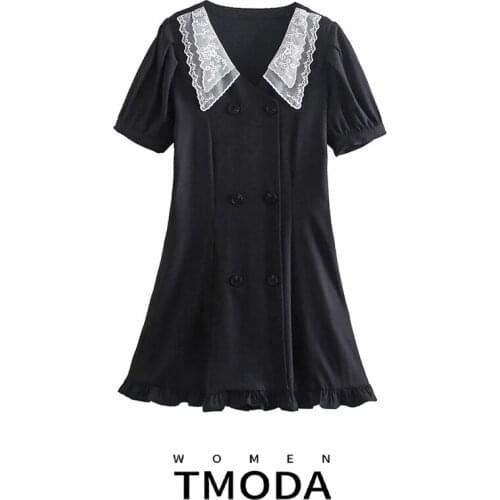 TMODA1247 Za Women 2021 Sweet Fashion With Lace Ruffled Mini Dress Vintage Puff Sleeves Button-up Female Dresses Vestidos Mujer