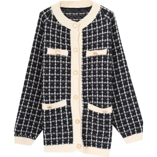 Korean Style Fashion Plaid Long Cardigan Women 2021 New Autumn Winter Kniited Jacket Female Sweater Coats