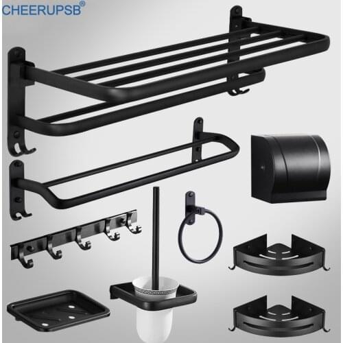Bathroom Accessories Set Matte Black Hardware Toilet Paper Towel Soap Holder Space Aluminum Hair Dryer Toilet Brush Rack Kit Set