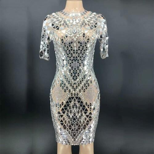 New Sparkly Silver Mirrors Mesh Transparent Sexy Dress Women Birthday Party Celebrate Crystals Dress Evening Sexy Dance Costume