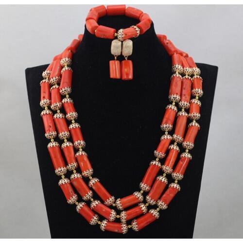 New Top Design 3 Rows Nigerian African Orange Coral Beads Wedding Jewelry Set Costume Jewelry Set Wholesale Free Shipping CJ747